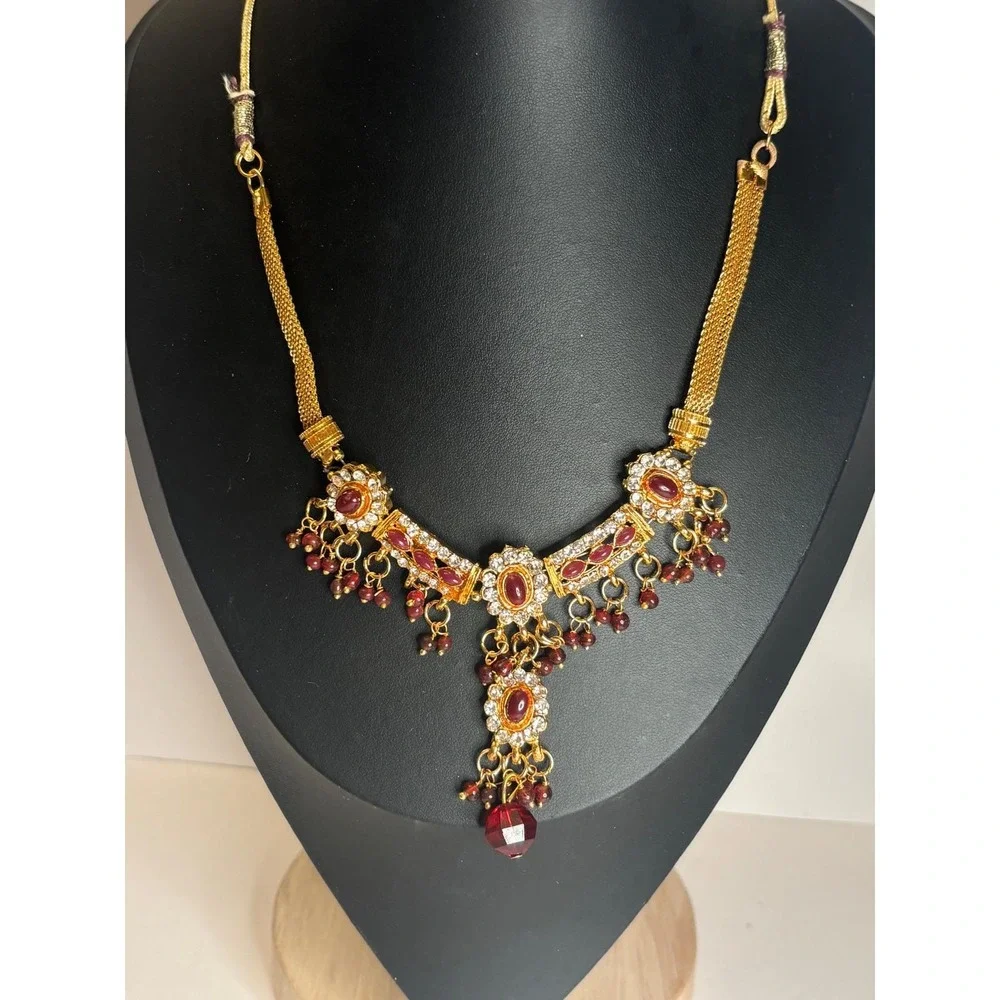 Vintage Indian Style Bib Necklace Gold Tone Red Stone Rhinestone 24